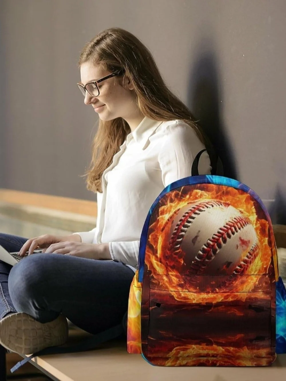 Flame & Lightning Baseball Print Kids Backpack Bag - Black/Blue/Orange